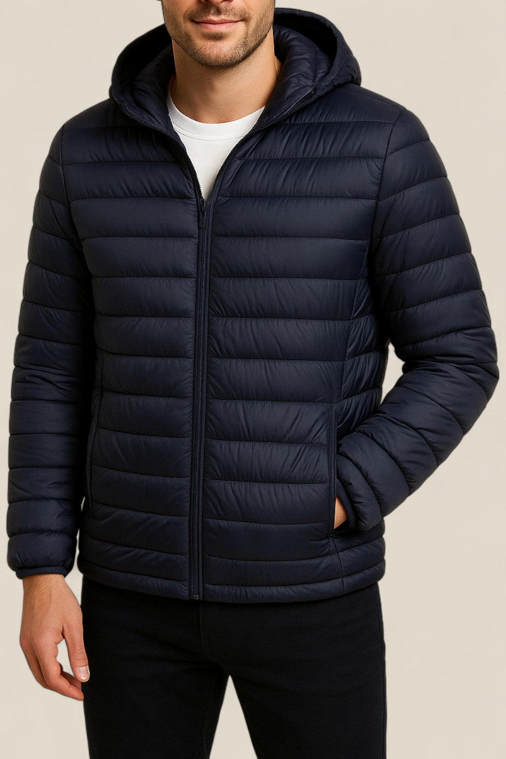 Men’s Lightweight Down Jacket, Slim Fit Hooded Puffer Coat