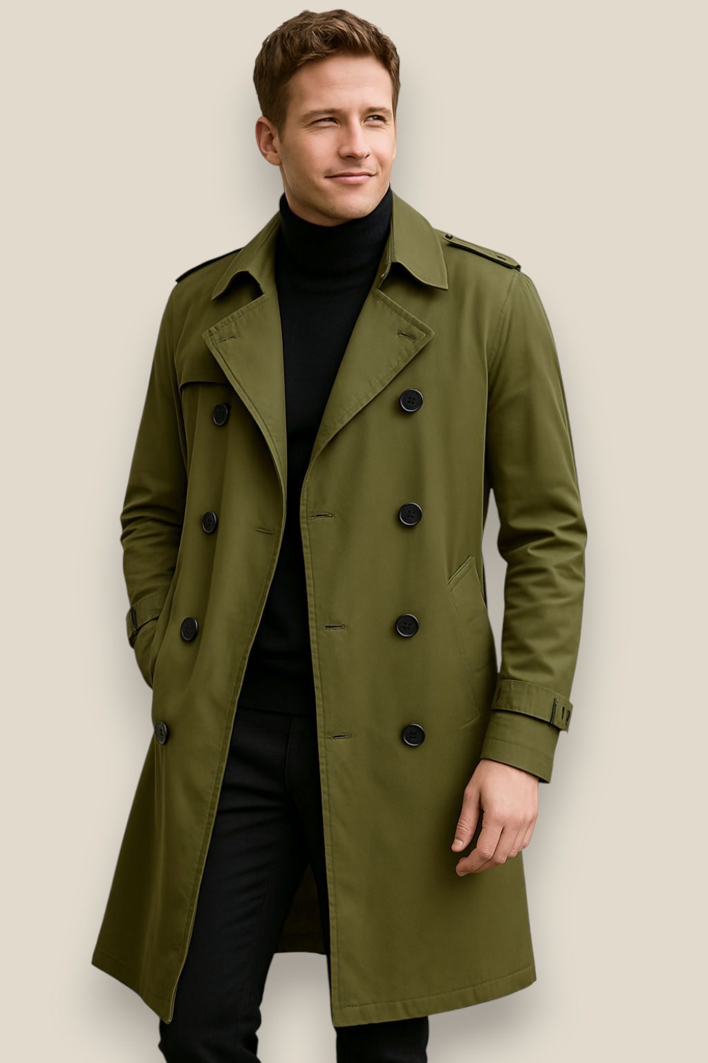 Men’s Long Trench Coat, Classic Belted Windbreaker, Warm Winter Jacket