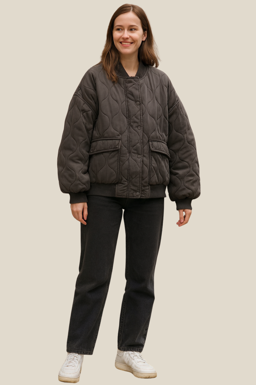 Women’s Quilted Bomber Jacket, Casual Warm Padded Winter Coat Long Sleeve With Zip