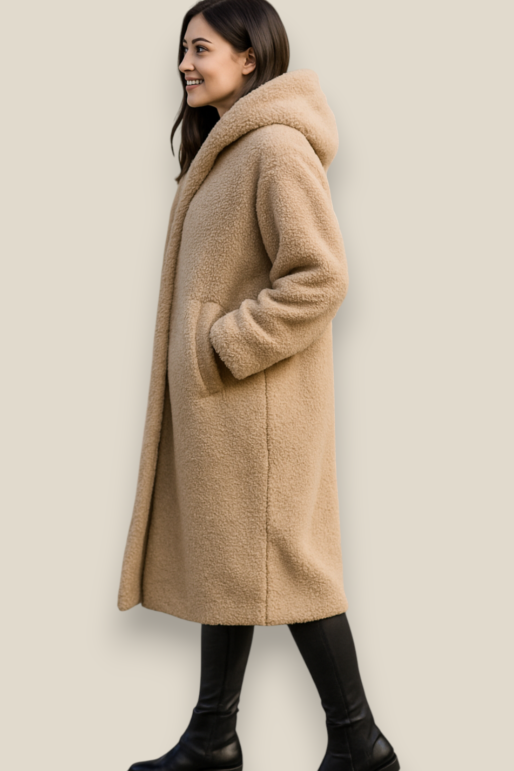 Women’s Plush Hooded Coat, Long Sleeve Single Button Jacket, Warm Winter Overcoat