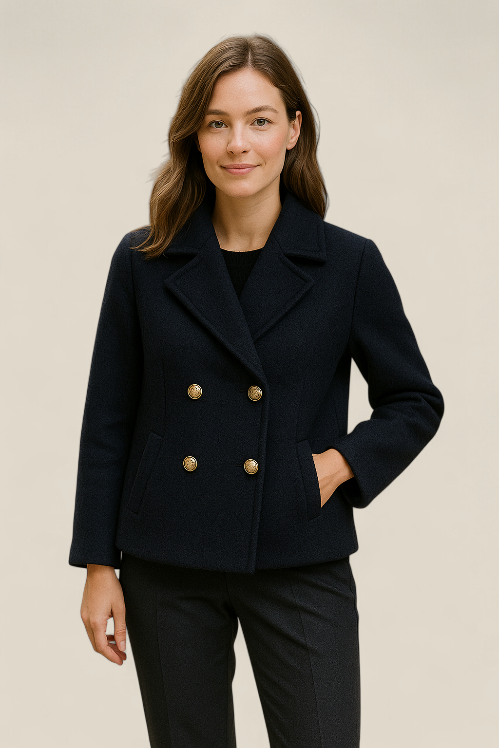 Women’s Double Breasted Coat, Pearl Button French Style Jacket, Warm Winter Top