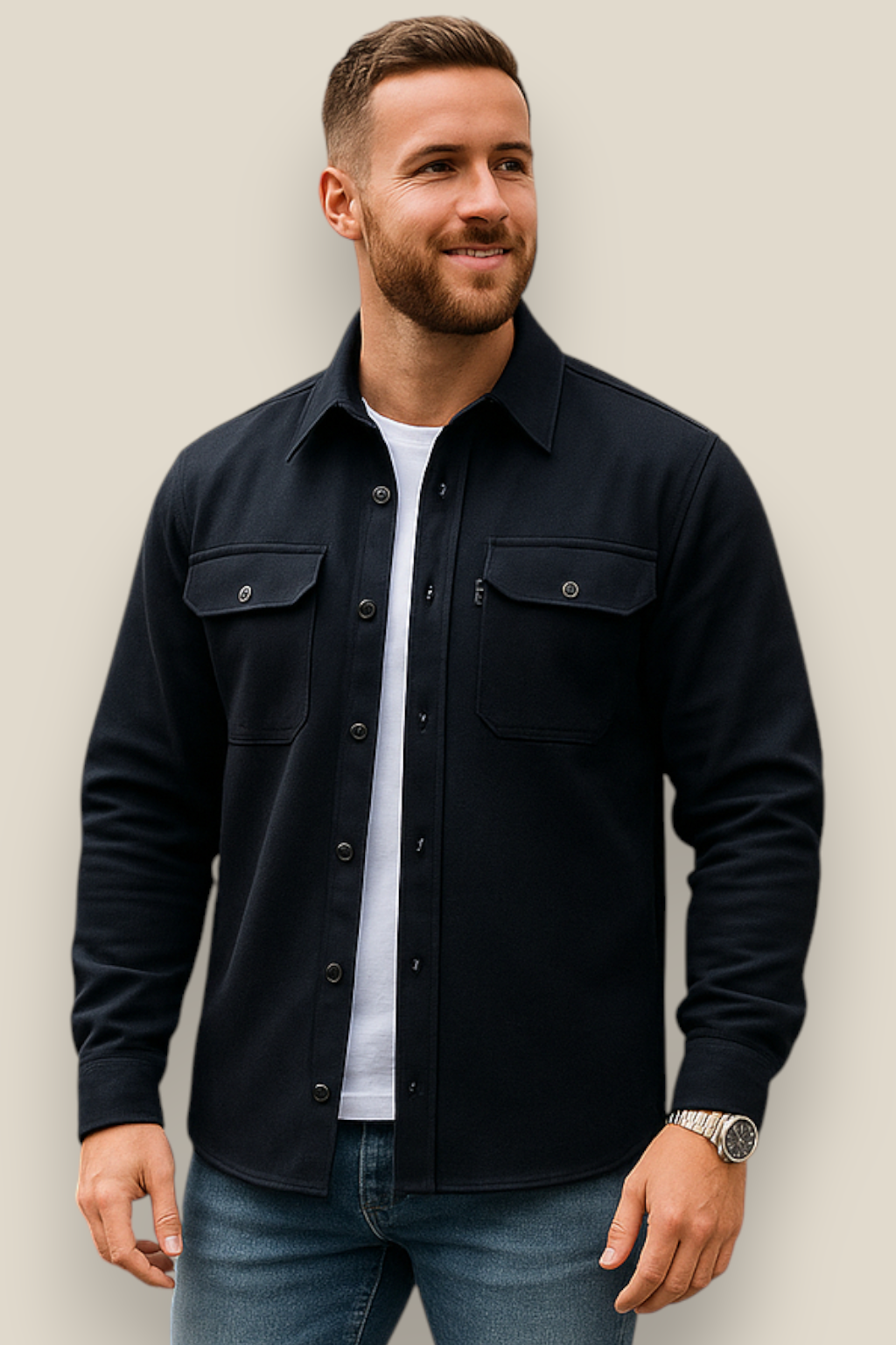 Men’s Casual Shirt Jacket - Single Breasted Long Sleeve Lapel Coat