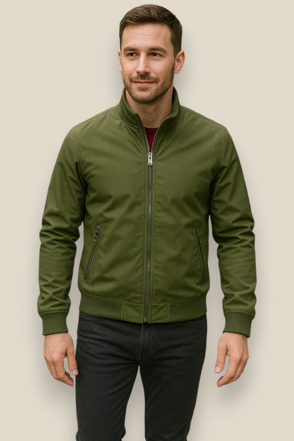 Men’s Winter Bomber Jacket, Solid Stand Collar Windbreaker, Slim Fit Casual Coat