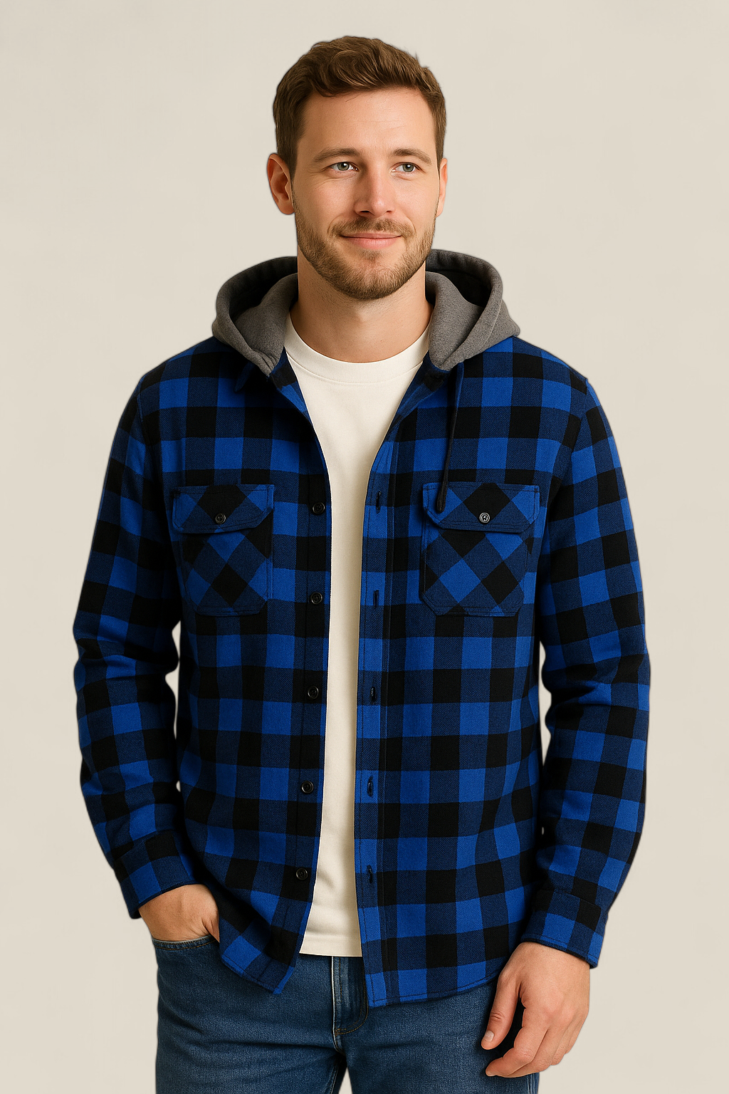 Men’s Hooded Flannel Shirt - Classic Plaid Long Sleeve Button Down Jacket