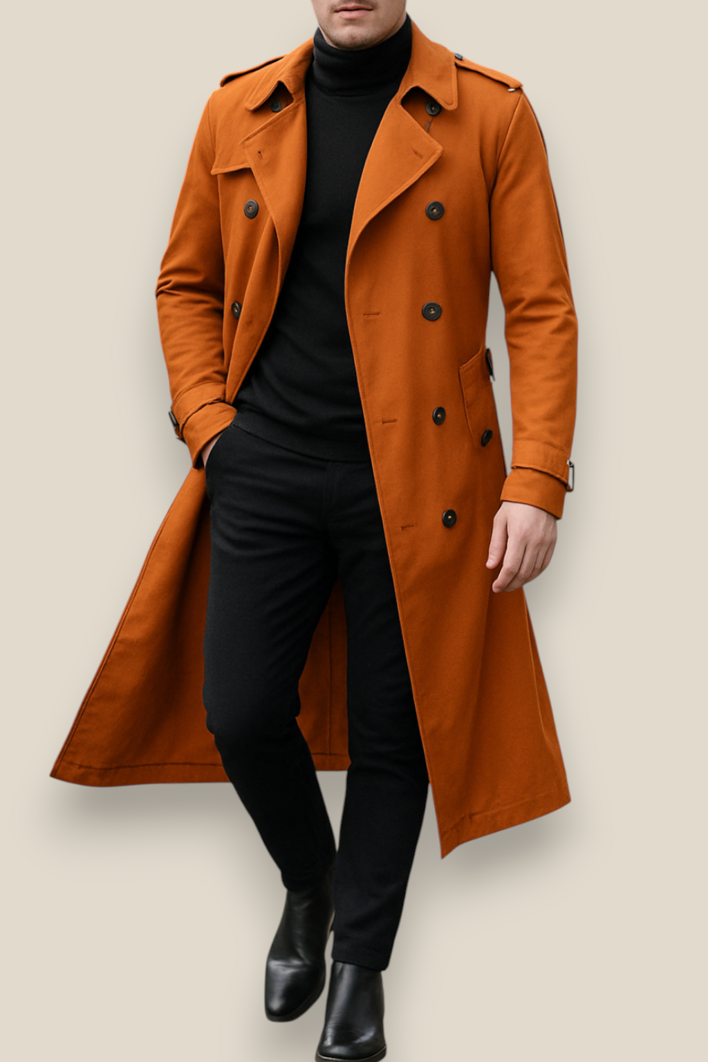 Men’s Long Trench Coat - Vintage Styled Overcoat Jacket