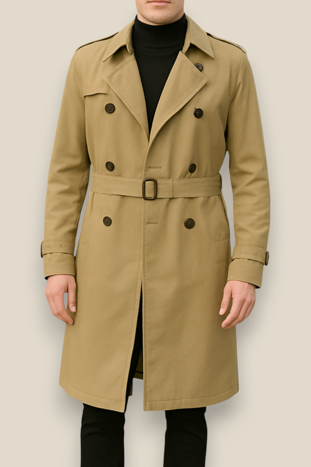 Men’s Long Trench Coat, Classic Belted Windbreaker, Warm Winter Jacket
