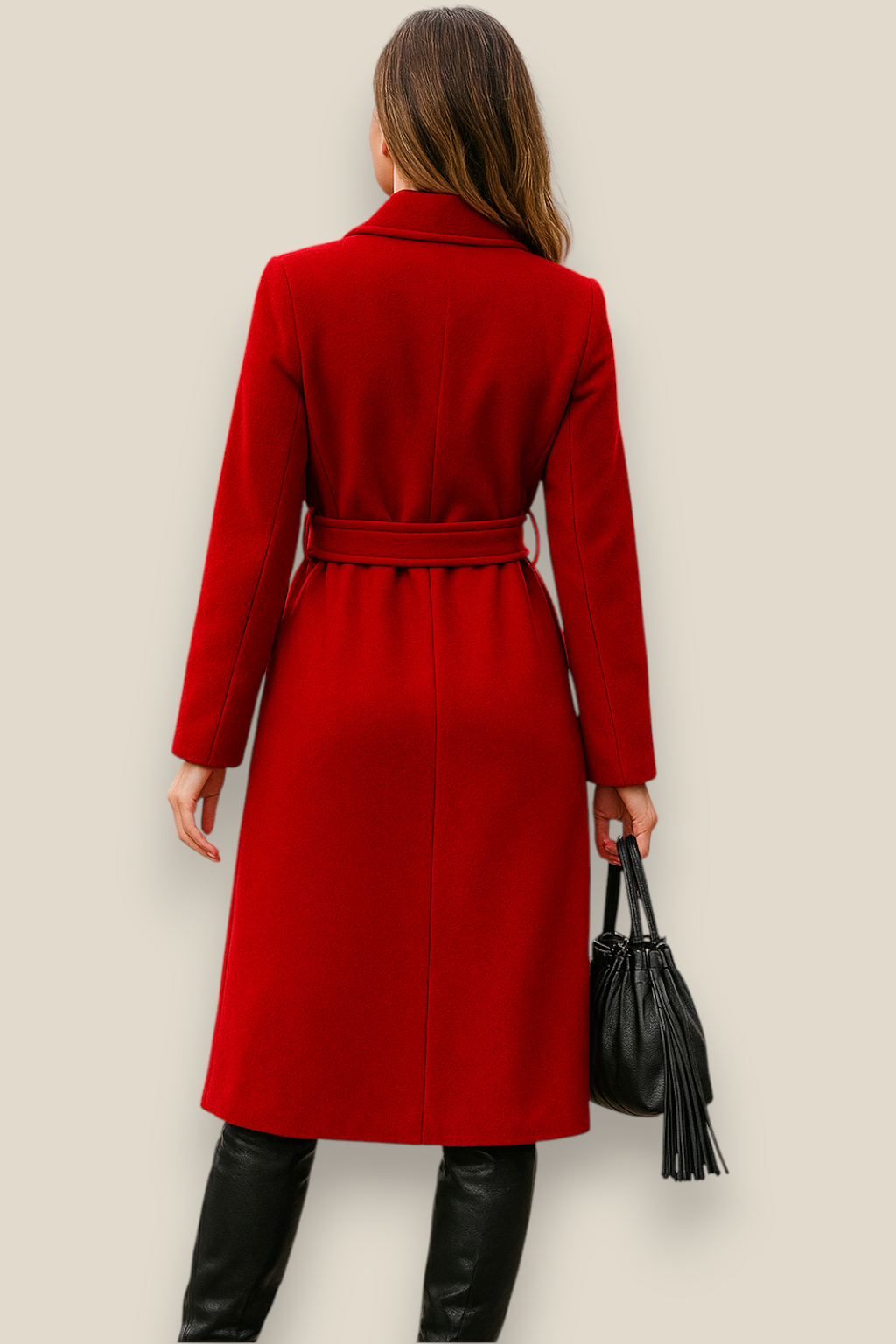 Women’s Belted Wool Coat - Double Breasted Elegant Long Sleeve Jacket