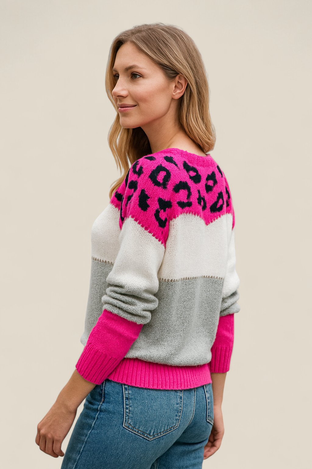 Women’s Leopard Print Jumper - Contrasting Colour Knit Winter Sweater