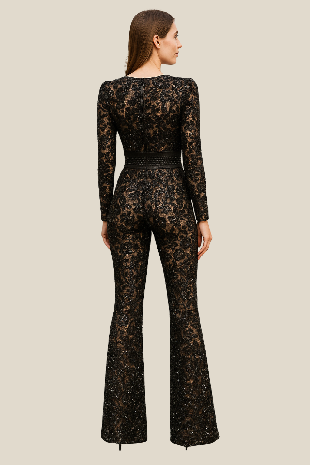 Ladies Lace Bodycon Jumpsuit, Floral Embroidered Long Sleeve Slim Winter Romper