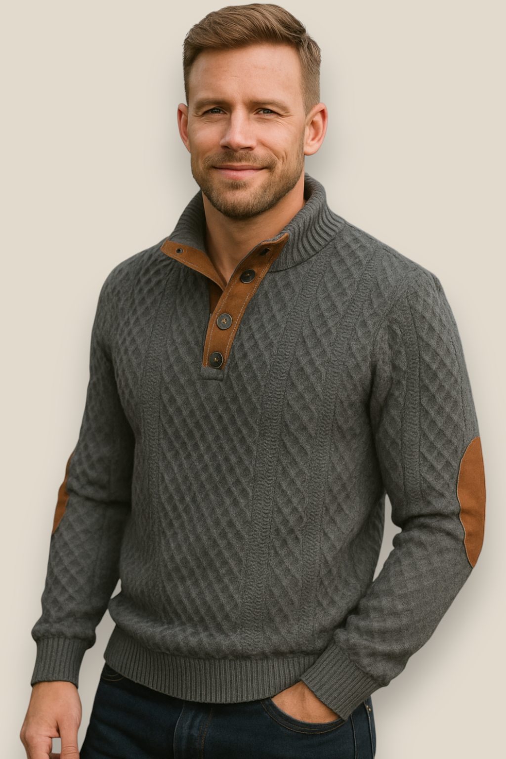 Men’s Jacquard Knit Jumper, Long Sleeve Button Sweatshirt, Casual Business Pullover
