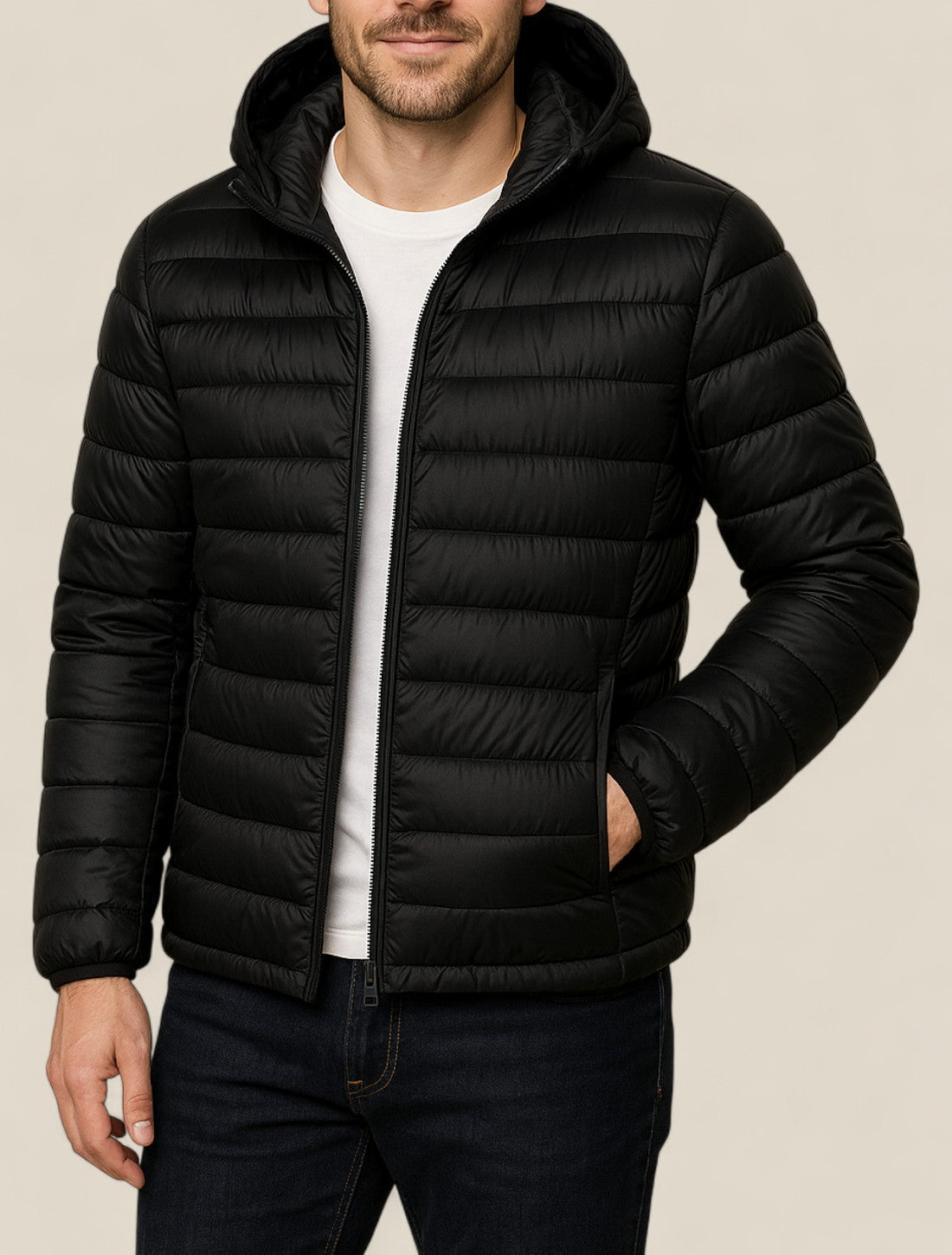 Men’s Lightweight Down Jacket, Slim Fit Hooded Puffer Coat