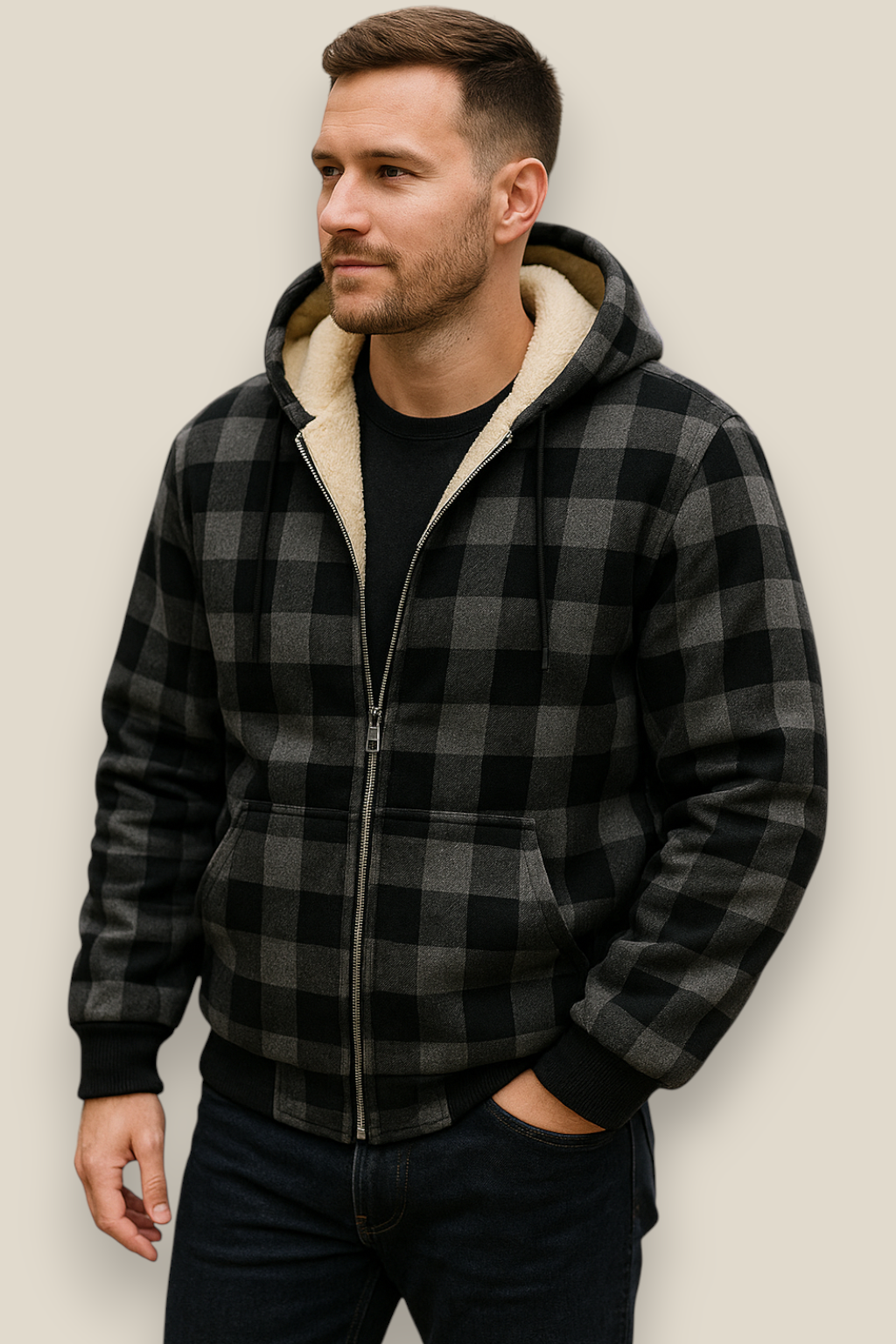 Men’s Lambswool Hooded Jacket - Checked Fleece Zip Up Cardigan