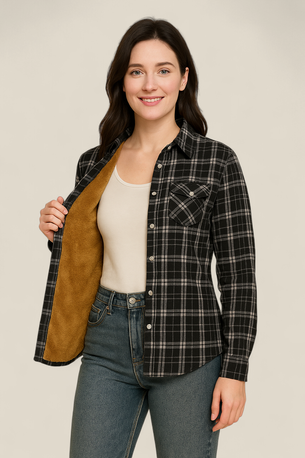 Women’s Plaid Shirt Jacket - Elegant Fleece Winter Slim Fit Blouse