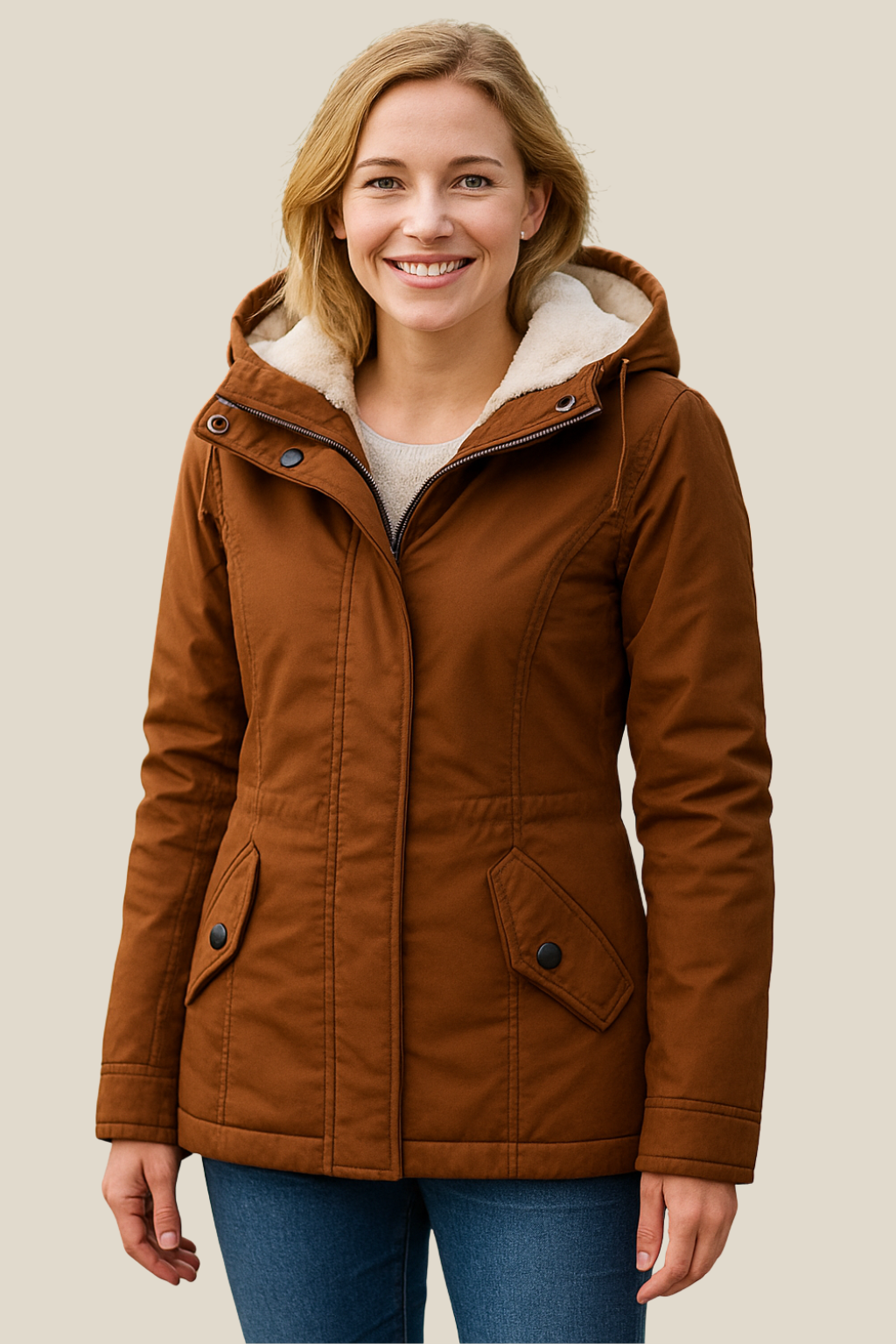 Women’s Hooded Jacket With Fleece Lining, Thick Warm Mid-Length Winter Coat For Winter
