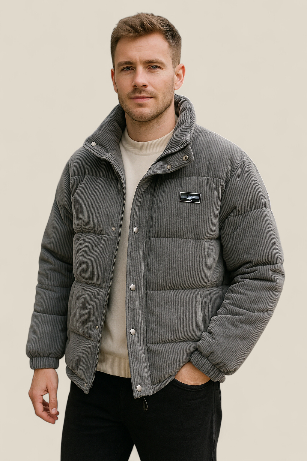 Men’s Thick Padded Winter Jacket - Hooded Coat With Lapel Collar