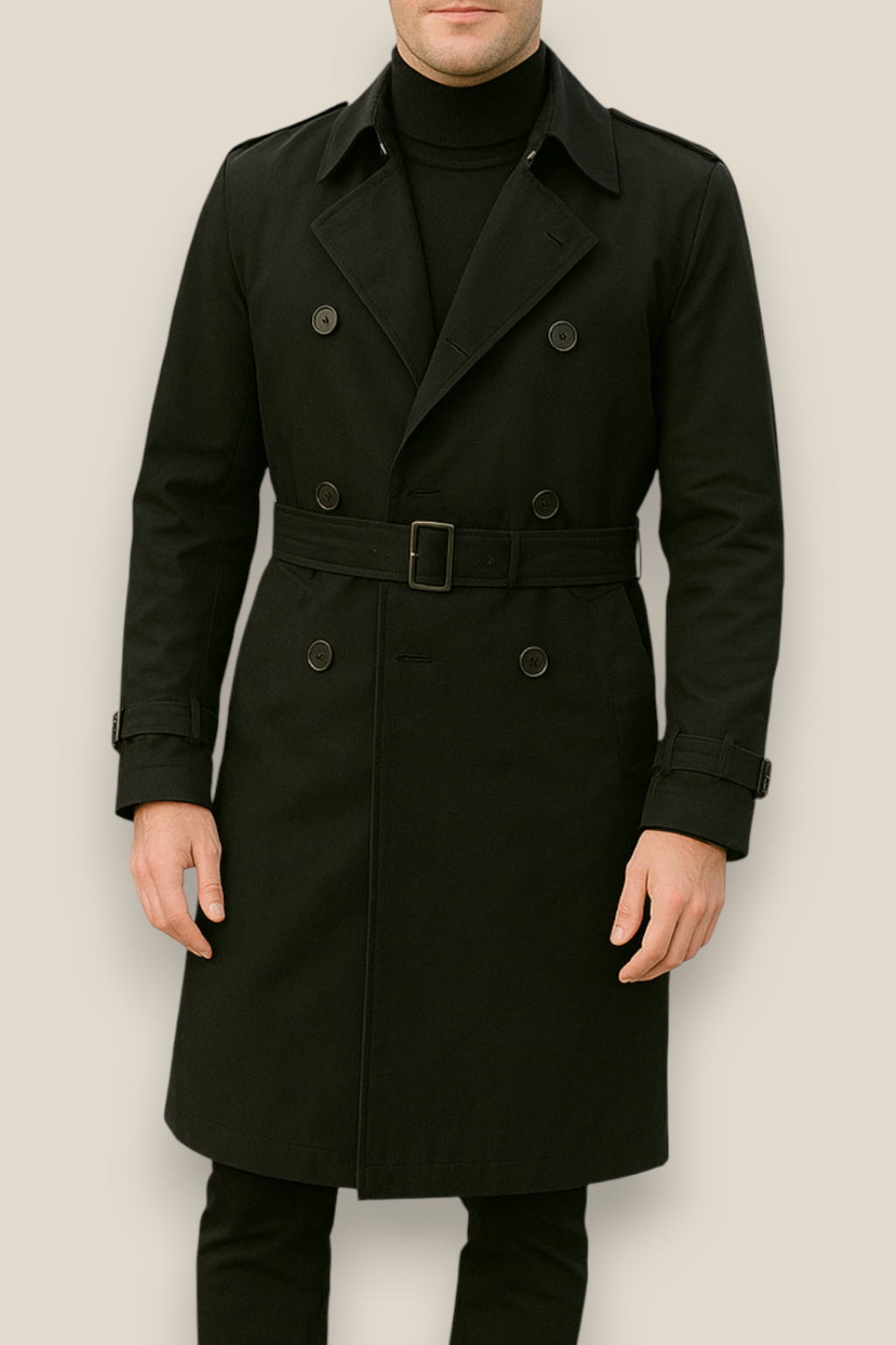 Men’s Long Trench Coat, Classic Belted Windbreaker, Warm Winter Jacket