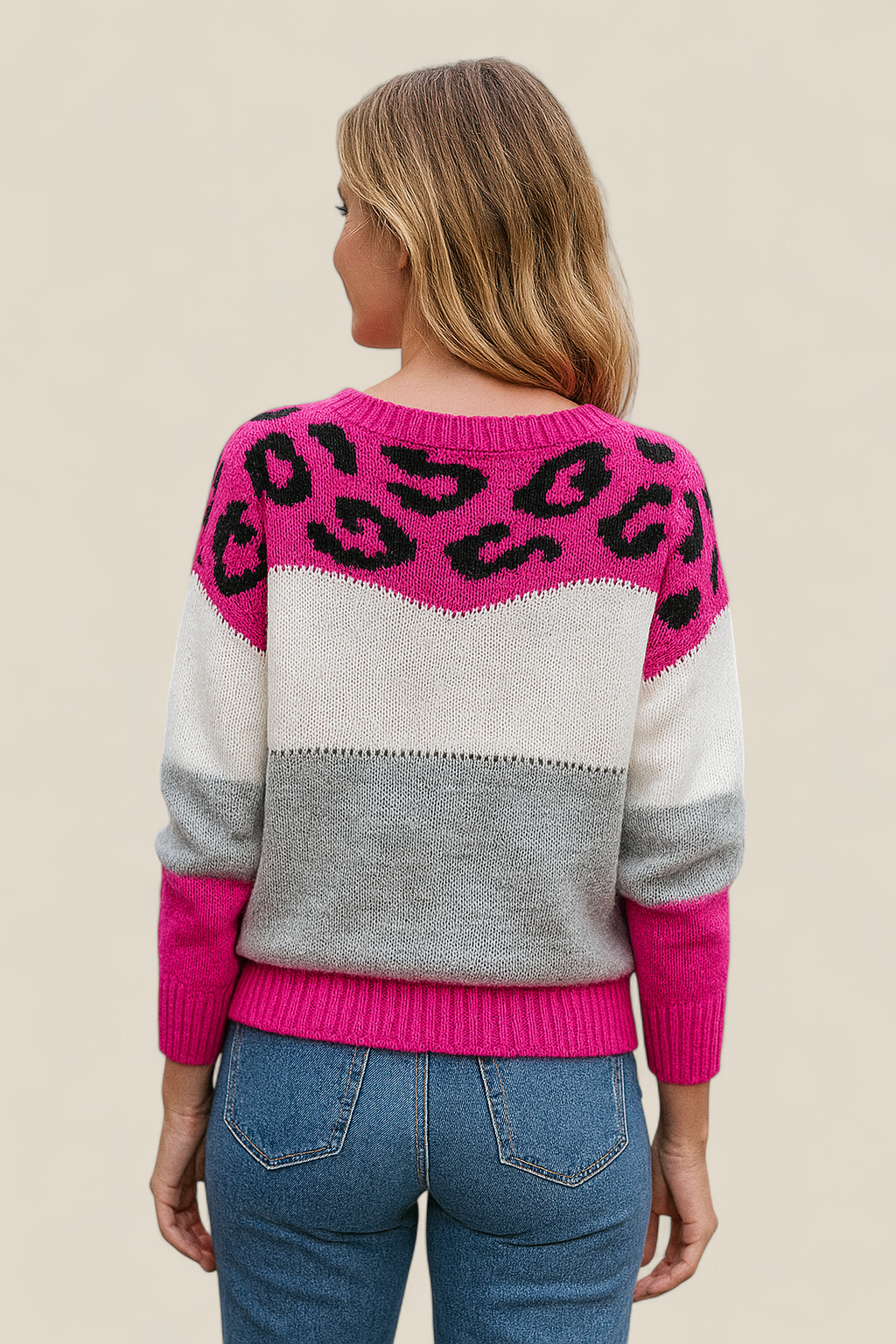 Women’s Leopard Print Jumper - Contrasting Colour Knit Winter Sweater