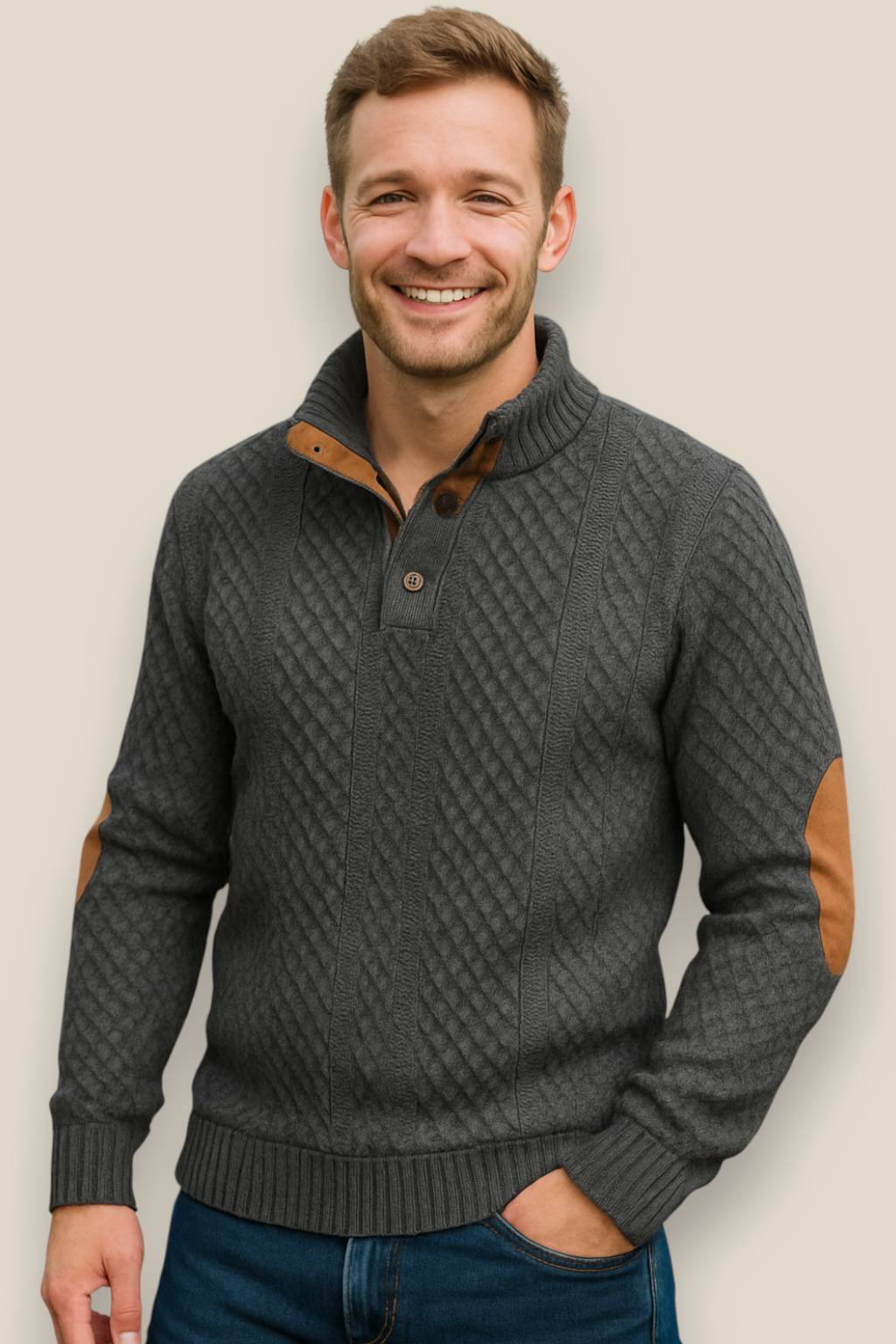 Men’s Jacquard Knit Jumper - Long Sleeve Collared Sweater
