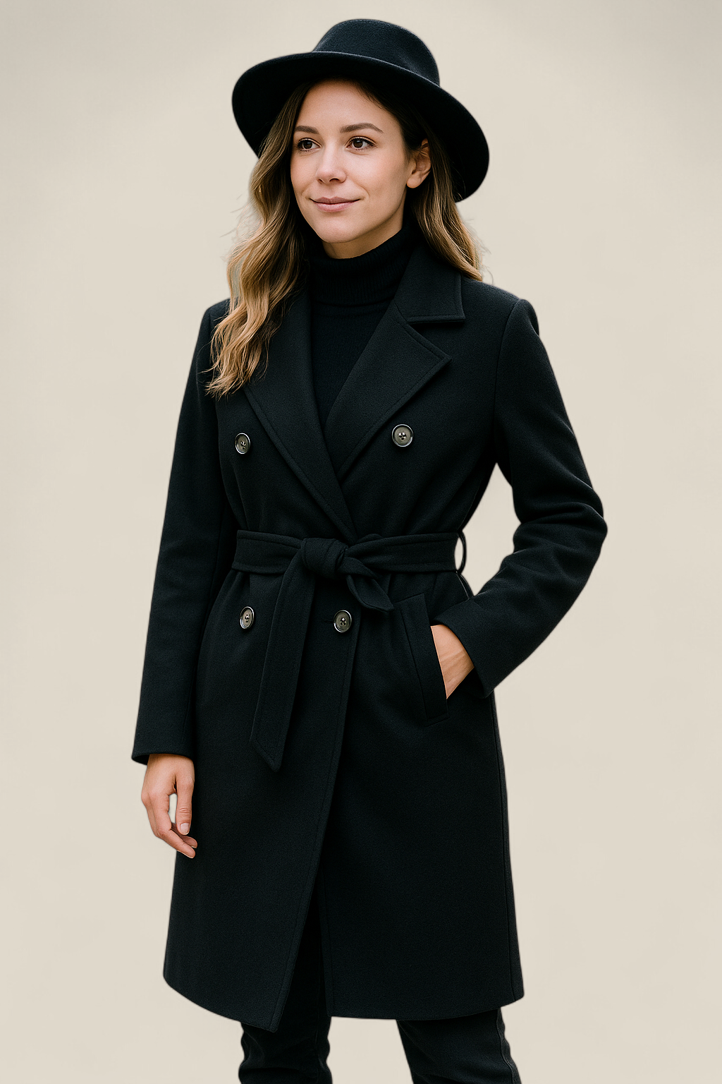 Women’s Wool Trench Coat, Double Breasted Overcoat, Belted Winter Jacket