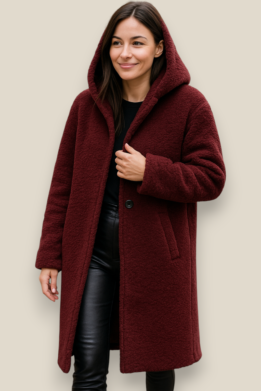 Women’s Plush Hooded Coat, Long Sleeve Single Button Jacket, Warm Winter Overcoat