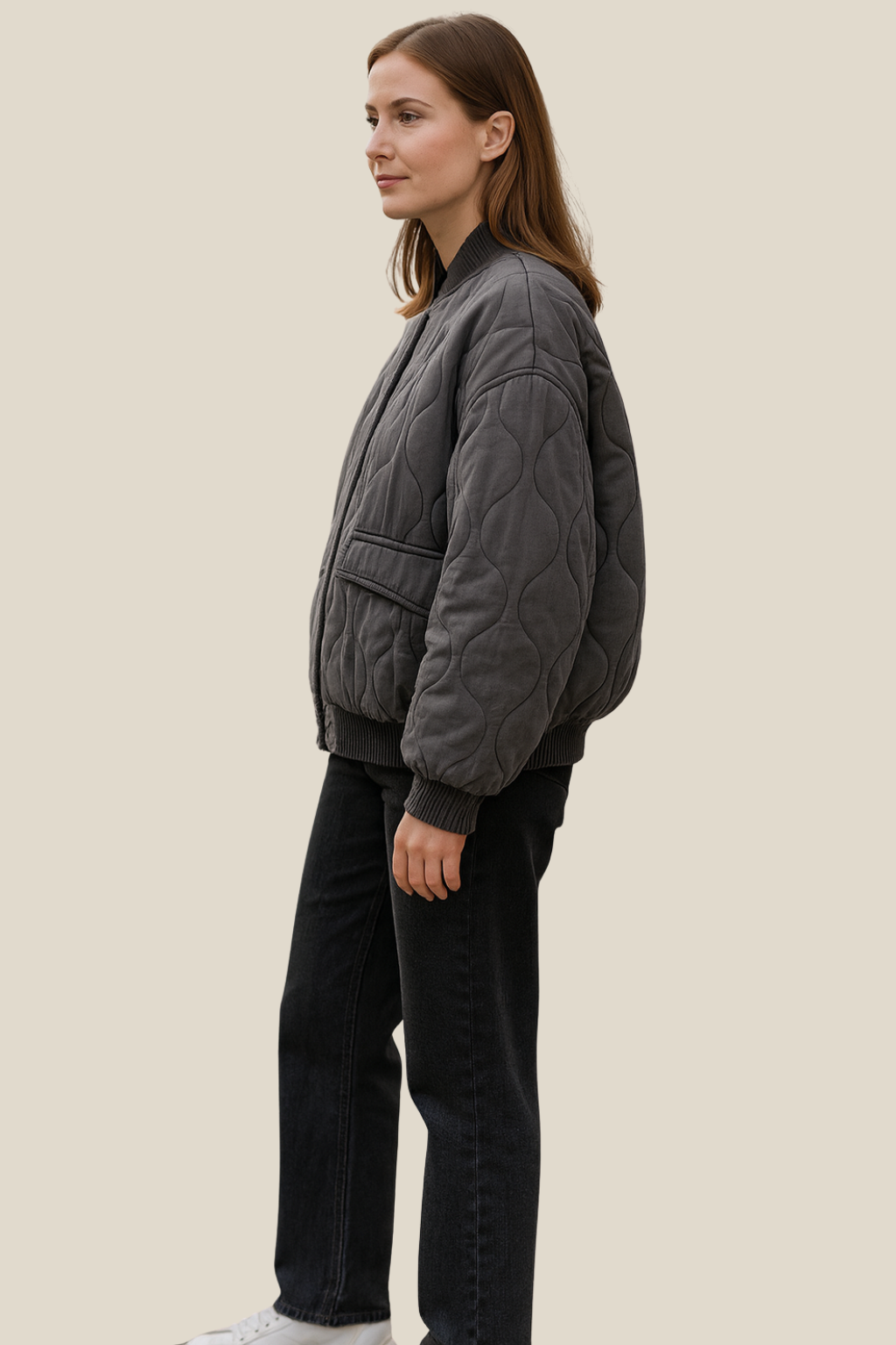 Women’s Quilted Bomber Jacket, Casual Warm Padded Winter Coat Long Sleeve With Zip