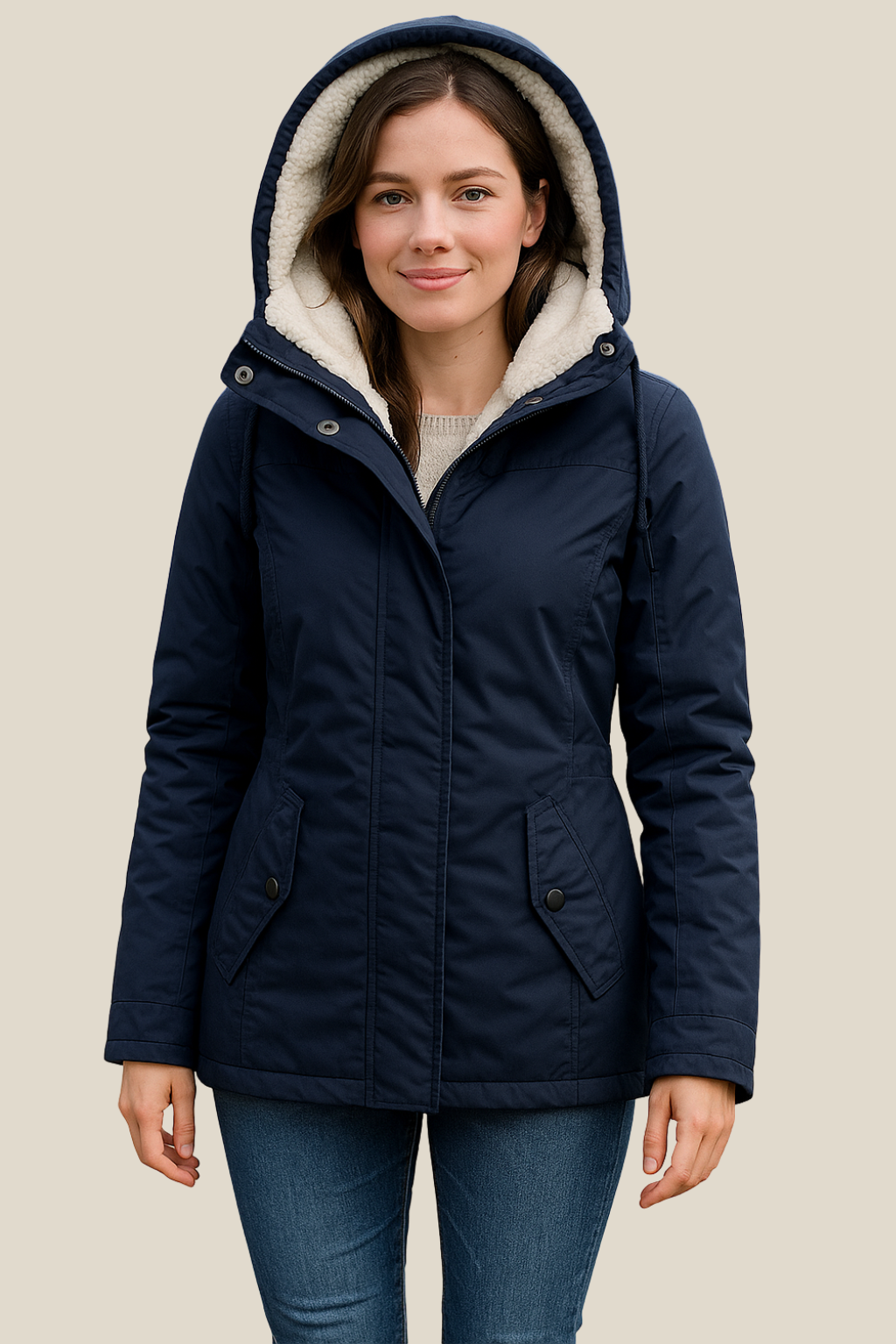 Women’s Hooded Jacket With Fleece Lining, Thick Warm Mid-Length Winter Coat For Winter