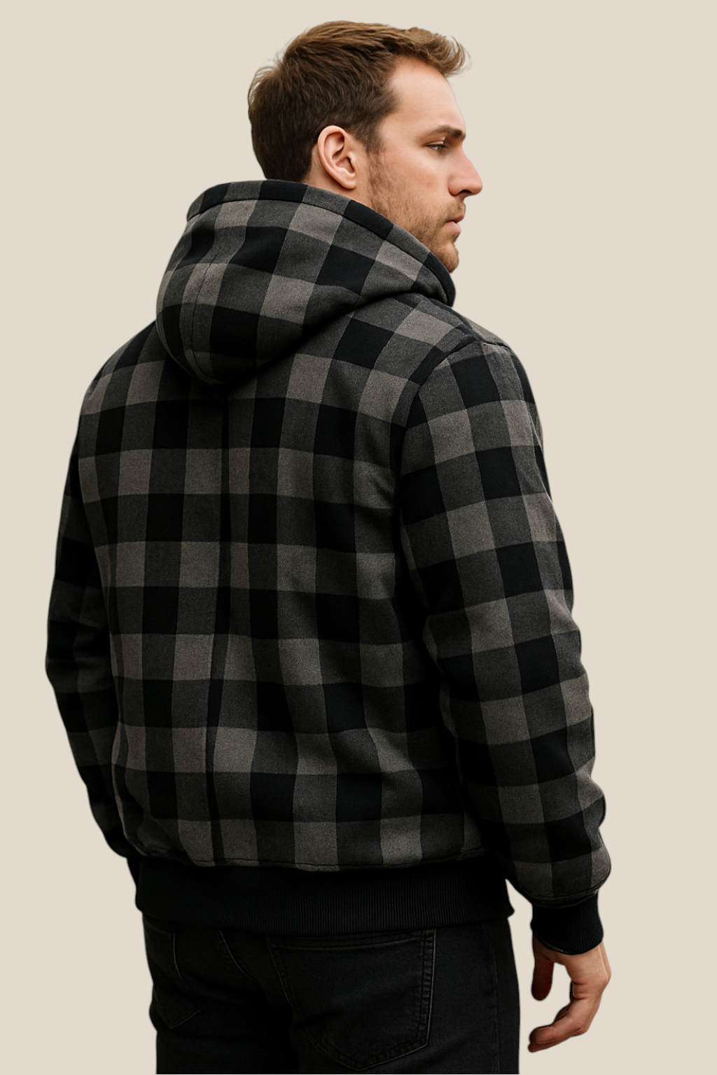 Men’s Lambswool Hooded Jacket - Checked Fleece Zip Up Cardigan