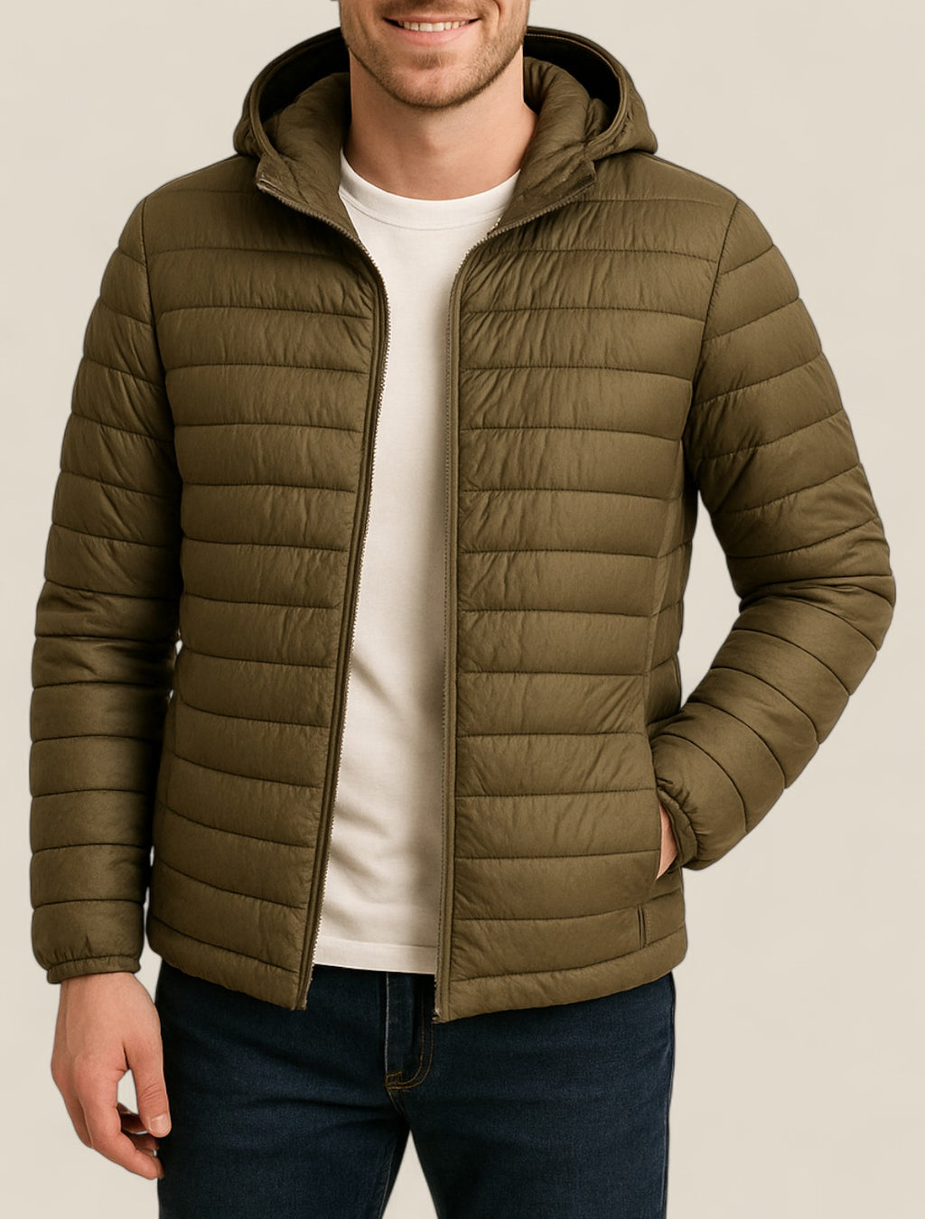 Men’s Lightweight Down Jacket, Slim Fit Hooded Puffer Coat
