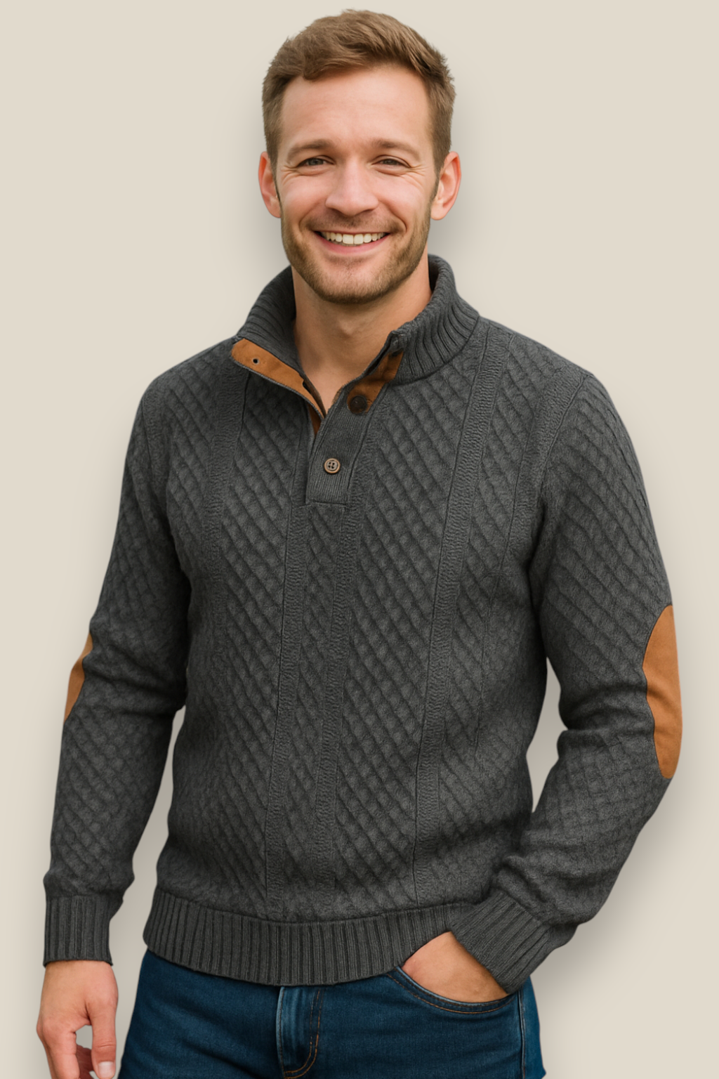 Men’s Jacquard Knit Jumper, Quilted Long Sleeve Sweater, Warm Casual Top