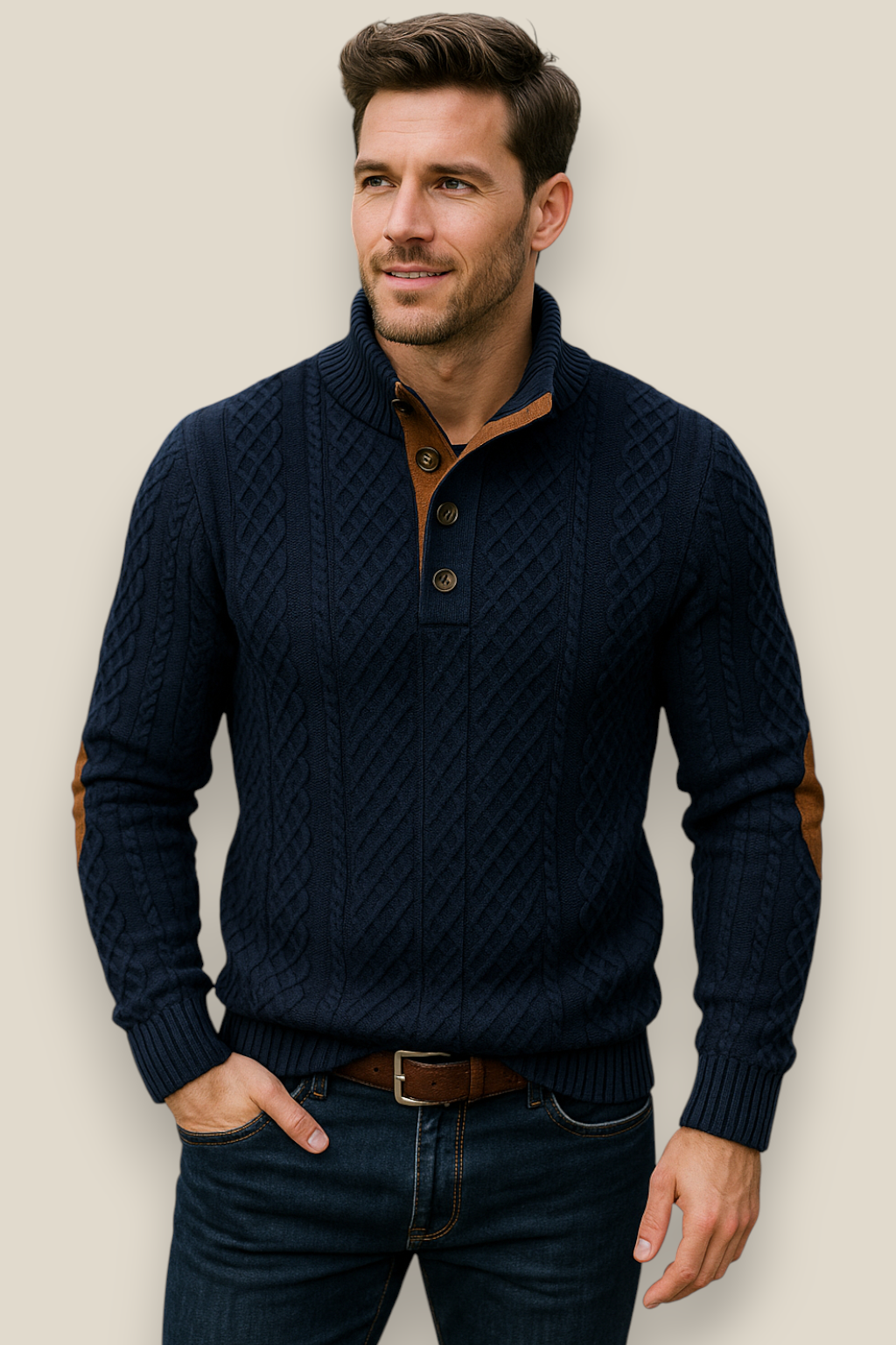 Men’s Jacquard Knit Jumper, Long Sleeve Button Sweatshirt, Casual Business Pullover