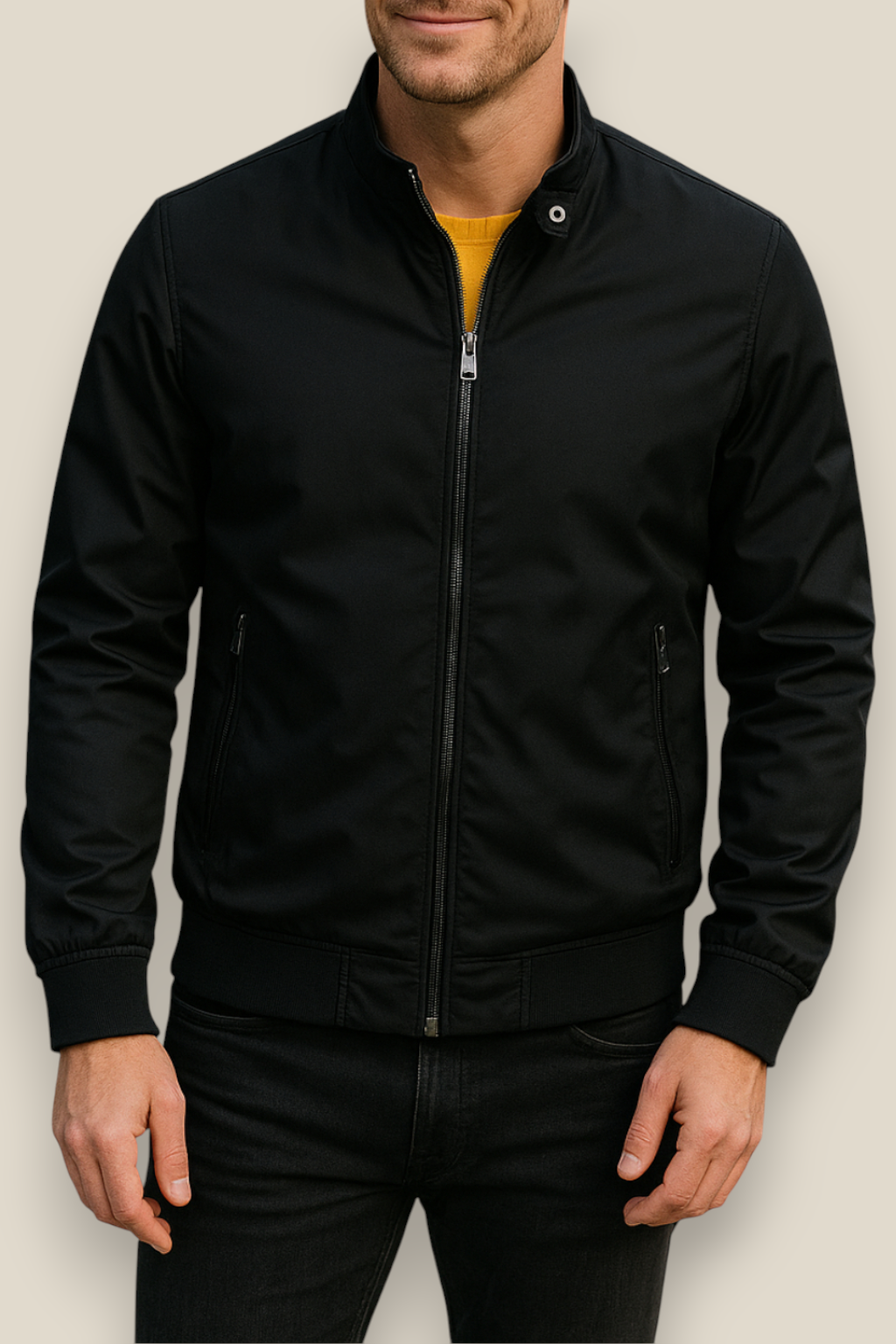 Men’s Winter Bomber Jacket, Solid Stand Collar Windbreaker, Slim Fit Casual Coat