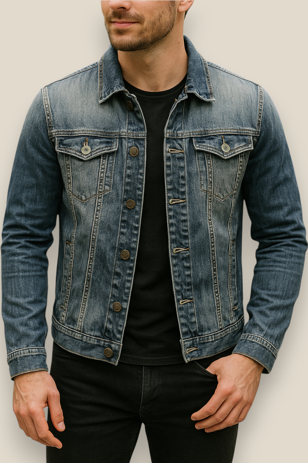 Men’s Slim Fit Denim Jacket, Collared Biker Style Coat, Casual Outerwear