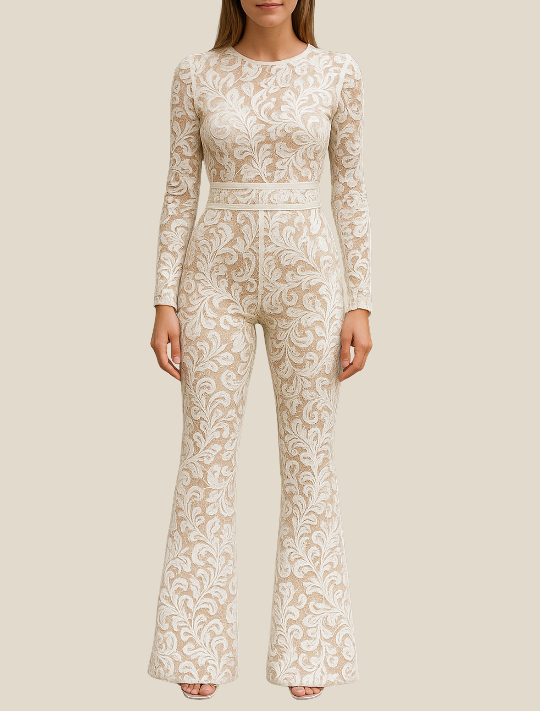 Ladies Lace Bodycon Jumpsuit, Floral Embroidered Long Sleeve Slim Winter Romper