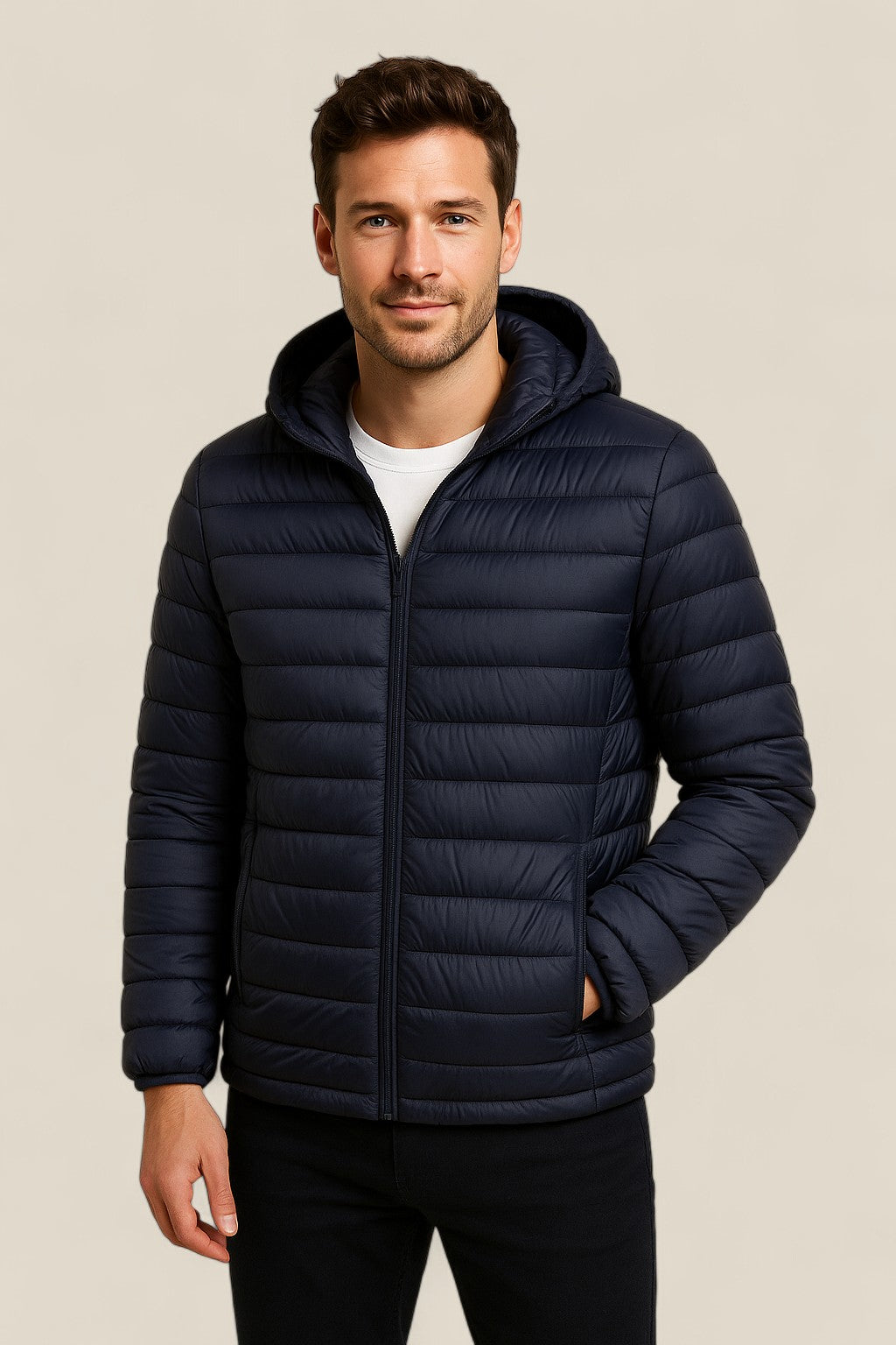 Men’s Lightweight Down Jacket, Slim Fit Hooded Puffer Coat