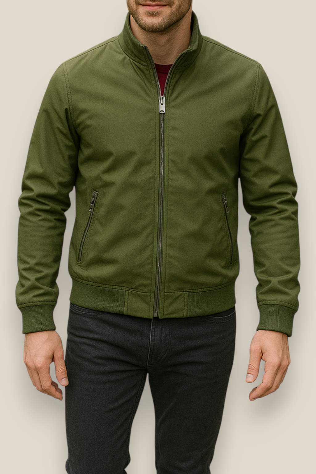 Men’s Winter Bomber Jacket, Solid Stand Collar Windbreaker, Slim Fit Casual Coat