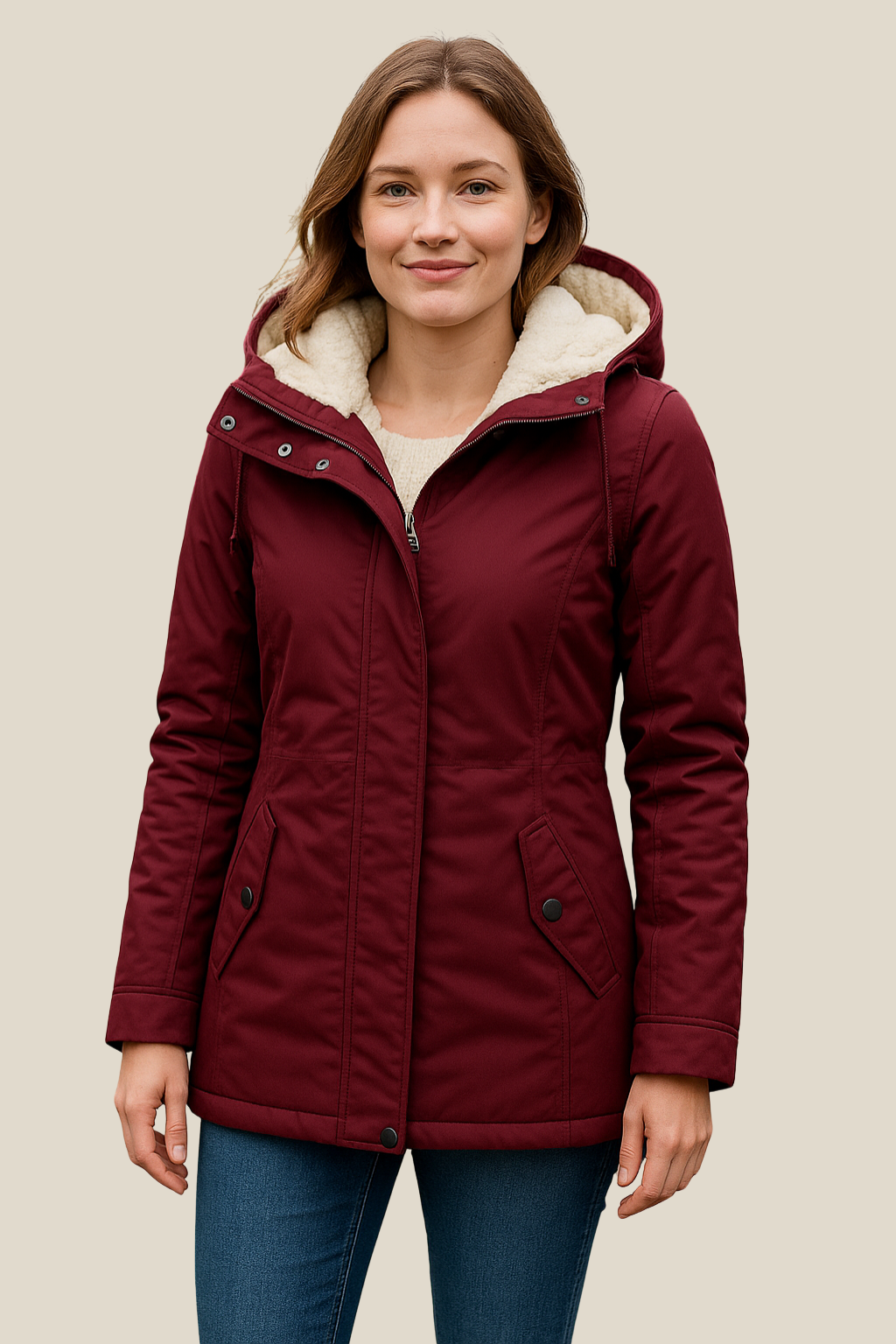 Women’s Hooded Jacket With Fleece Lining, Thick Warm Mid-Length Winter Coat For Winter