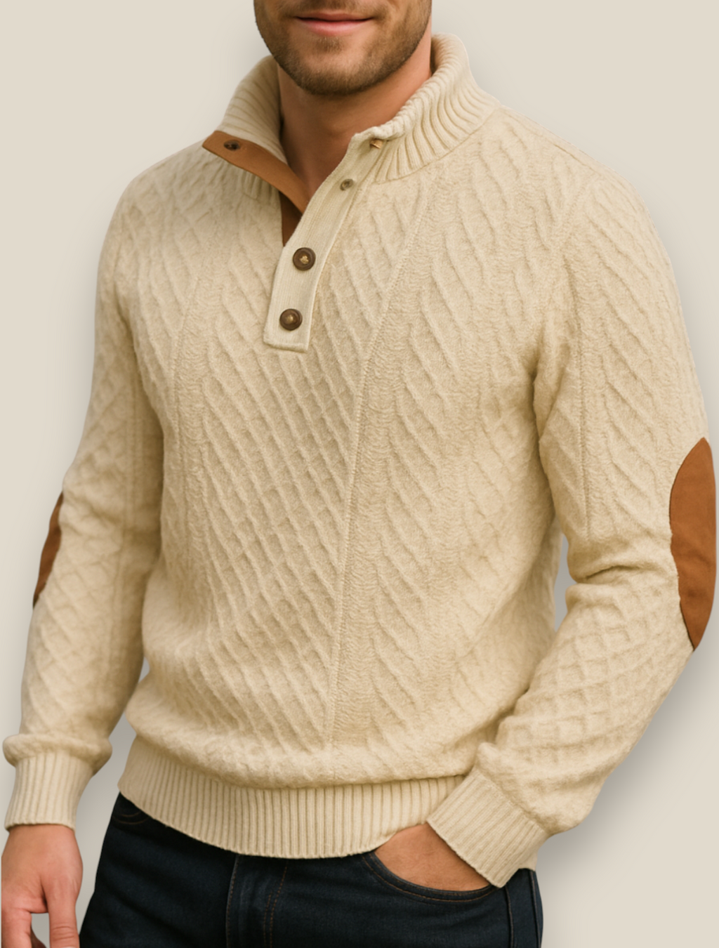 Men’s Jacquard Knit Jumper, Long Sleeve Button Sweatshirt, Casual Business Pullover
