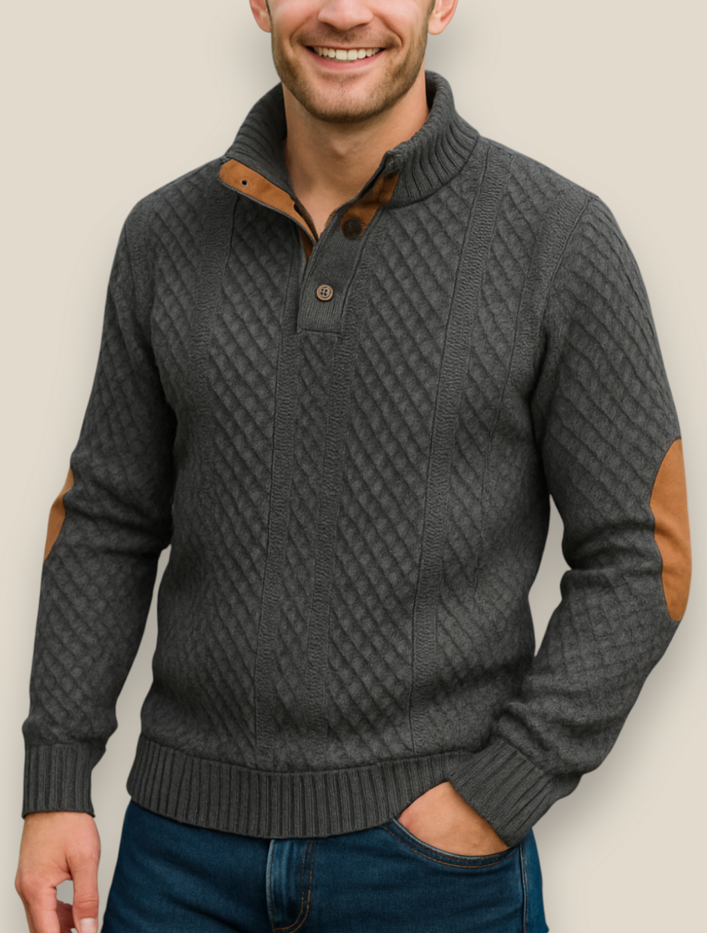 Men’s Jacquard Knit Jumper, Quilted Long Sleeve Sweater, Warm Casual Top