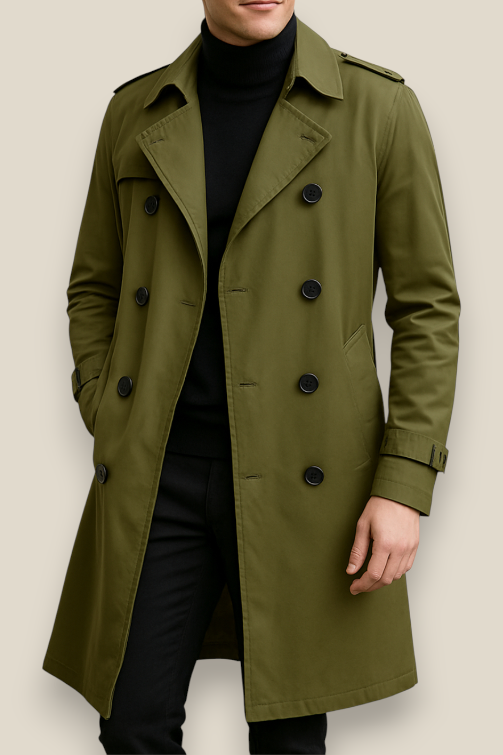 Men’s Long Trench Coat, Classic Belted Windbreaker, Warm Winter Jacket