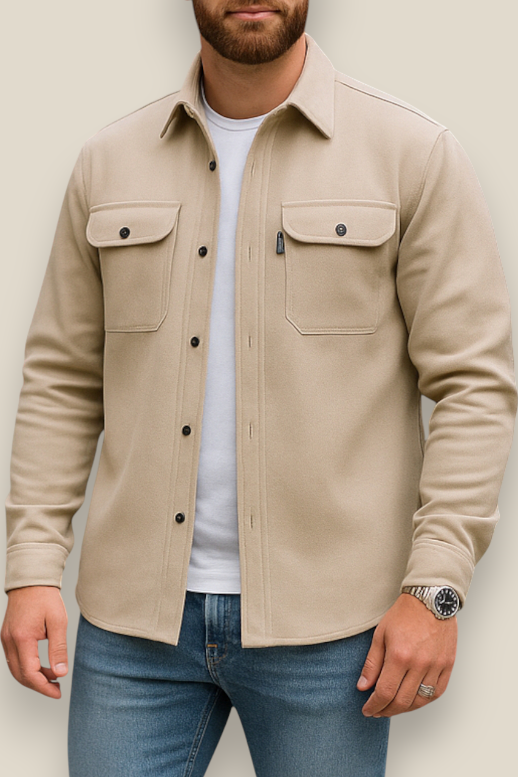 Men’s Casual Shirt Jacket - Single Breasted Long Sleeve Lapel Coat