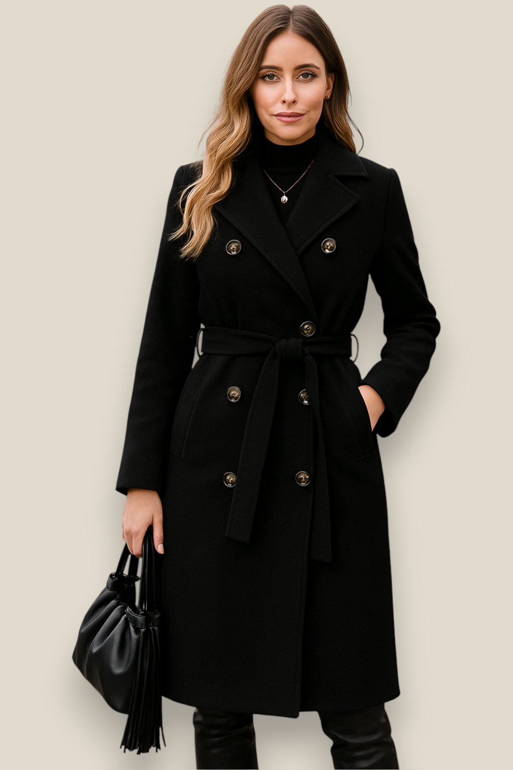 Women’s Belted Wool Coat - Double Breasted Elegant Long Sleeve Jacket