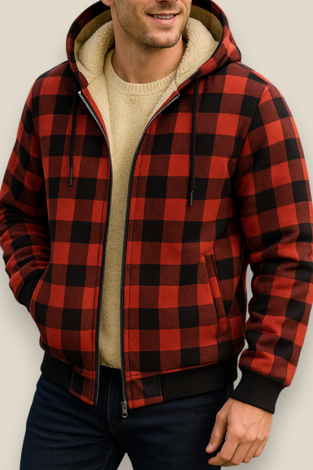Men’s Lambswool Hooded Jacket - Checked Fleece Zip Up Cardigan