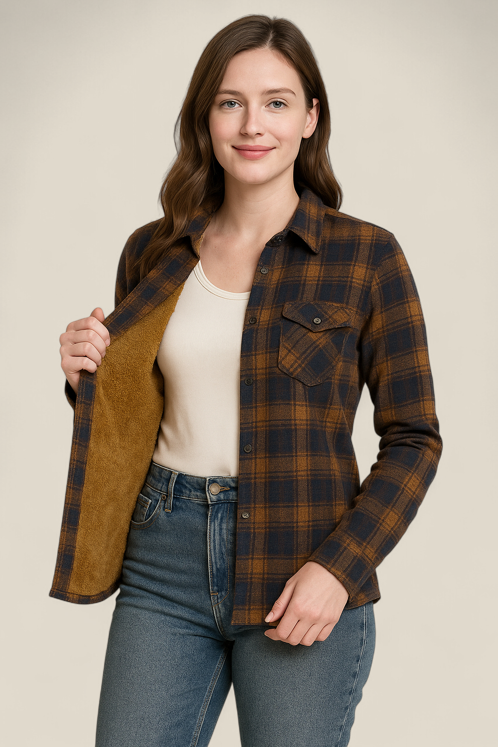 Women’s Plaid Shirt Jacket - Elegant Fleece Winter Slim Fit Blouse