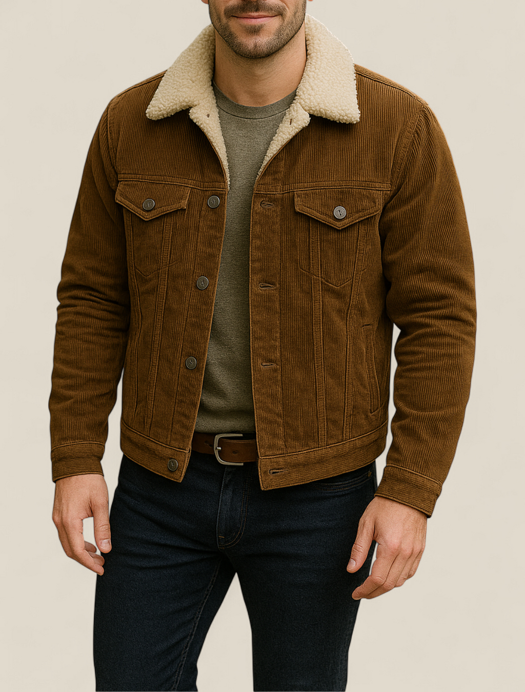 Men’s Corduroy Sherpa Jacket - Thick Fleece Lined Winter Coat