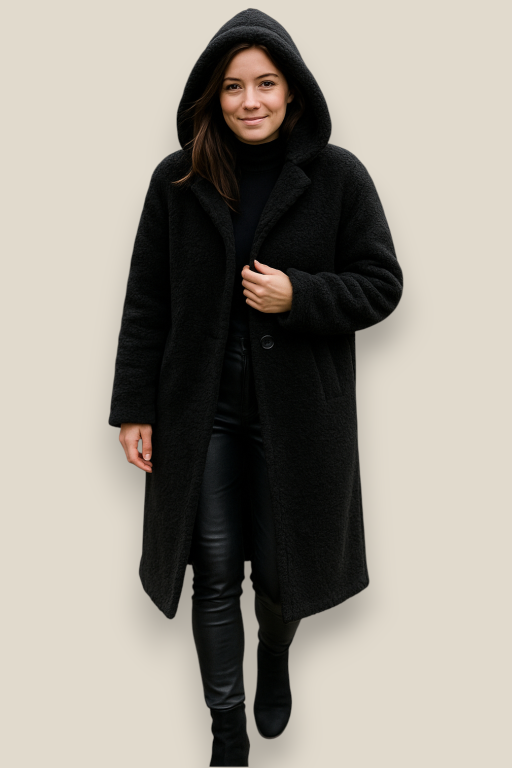 Women’s Plush Hooded Coat, Long Sleeve Single Button Jacket, Warm Winter Overcoat