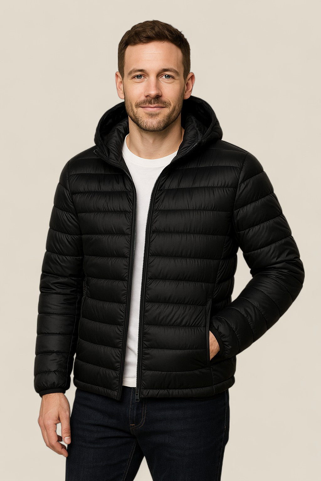 Men’s Lightweight Down Jacket, Slim Fit Hooded Puffer Coat