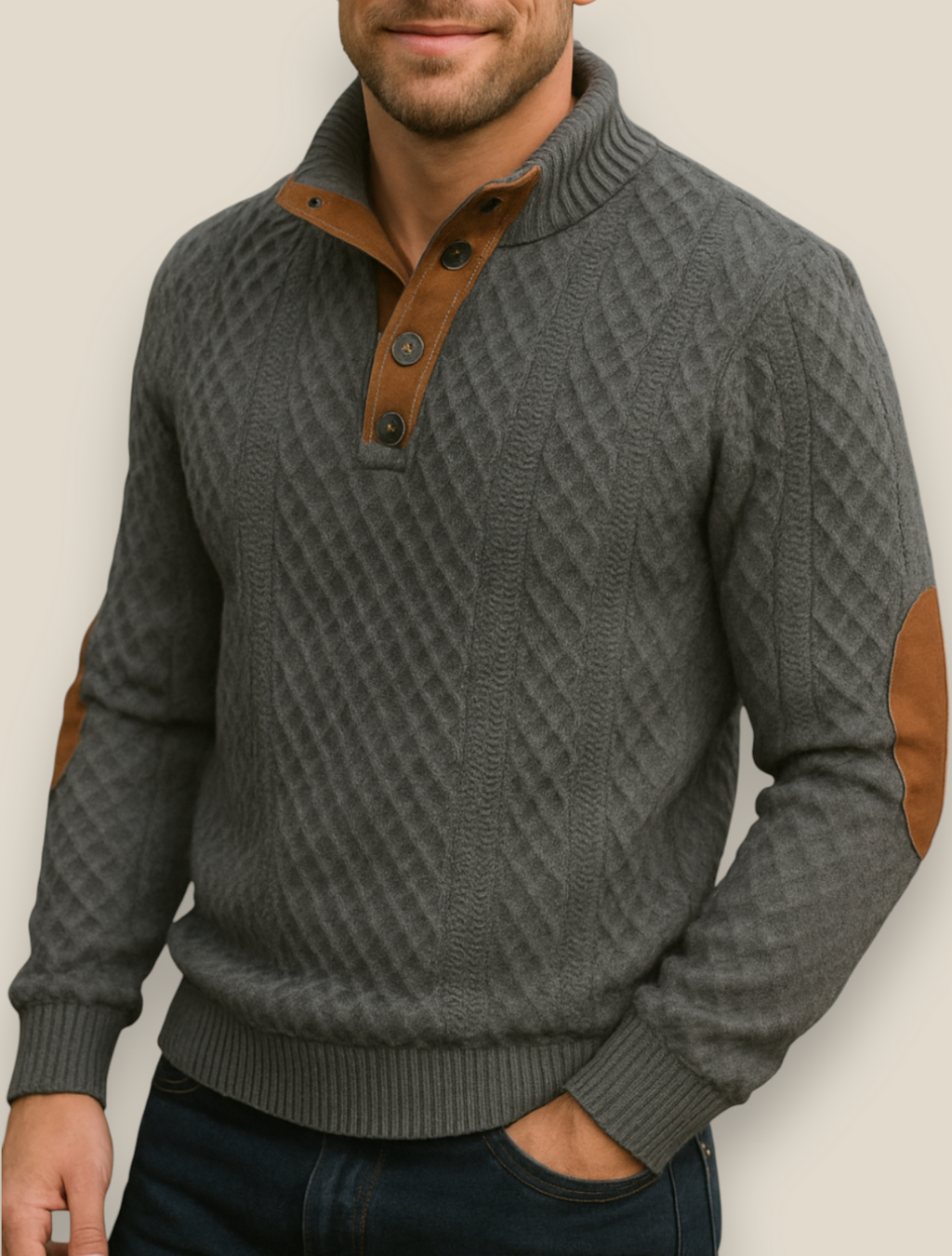 Men’s Jacquard Knit Jumper, Long Sleeve Button Sweatshirt, Casual Business Pullover