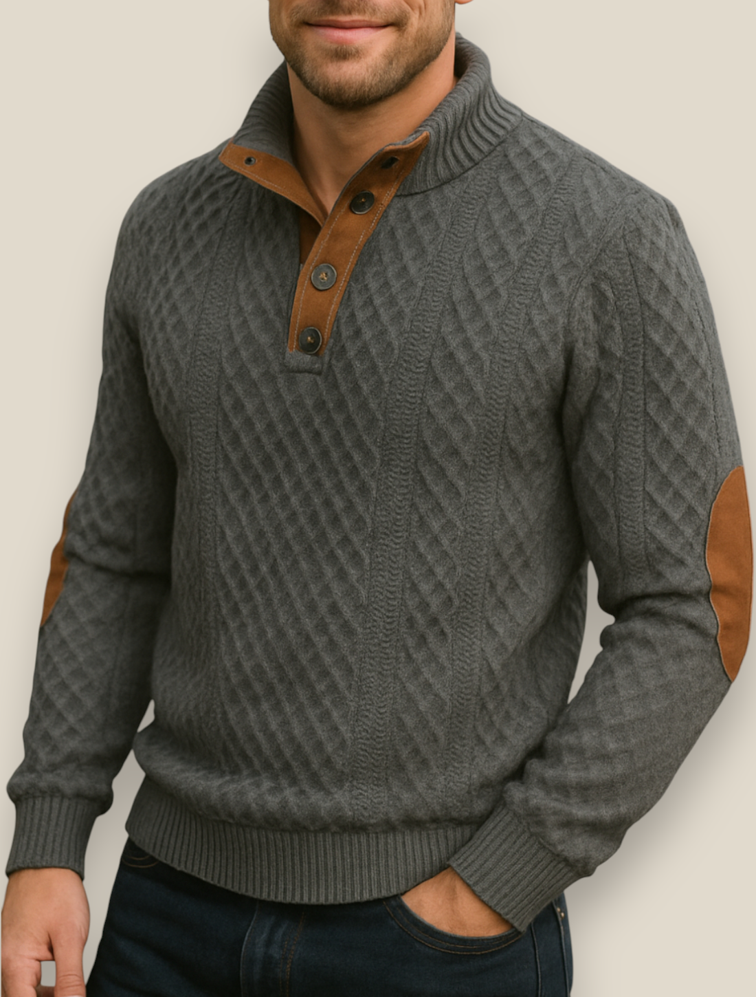Men’s Jacquard Knit Jumper, Long Sleeve Button Sweatshirt, Casual Business Pullover