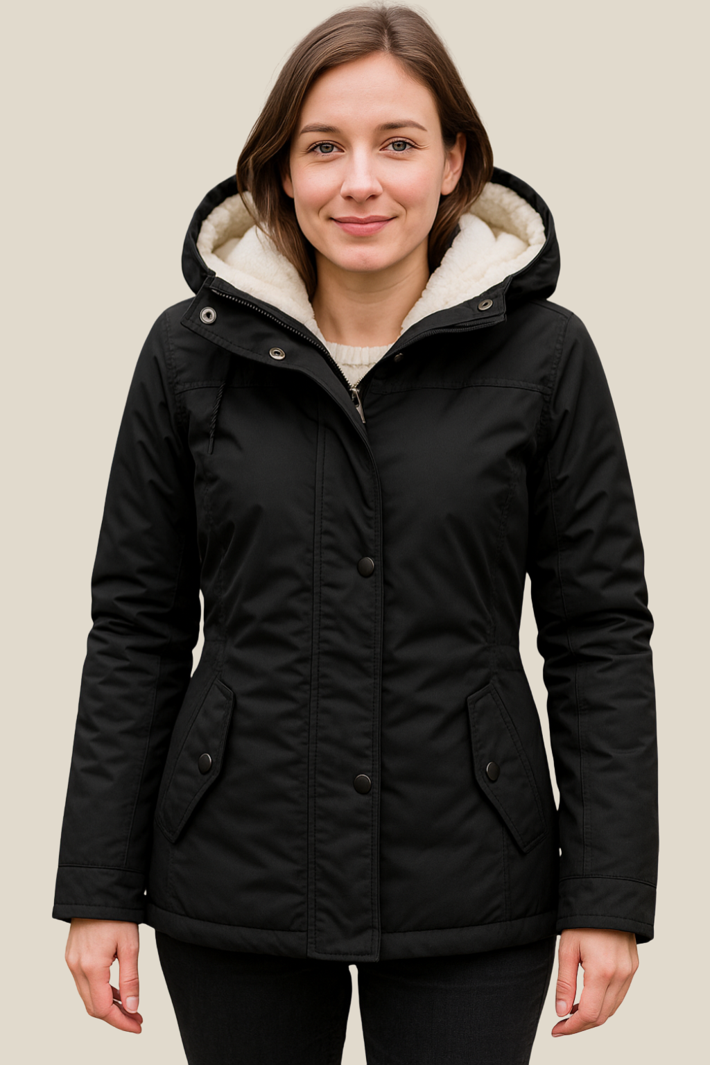 Women’s Hooded Jacket With Fleece Lining, Thick Warm Mid-Length Winter Coat For Winter
