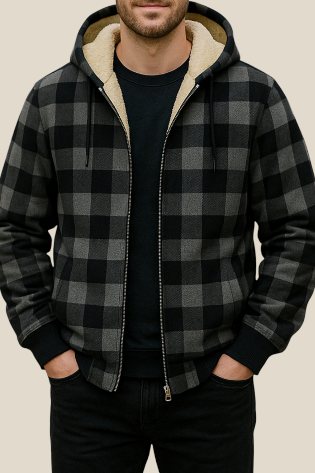 Men’s Lambswool Hooded Jacket - Checked Fleece Zip Up Cardigan